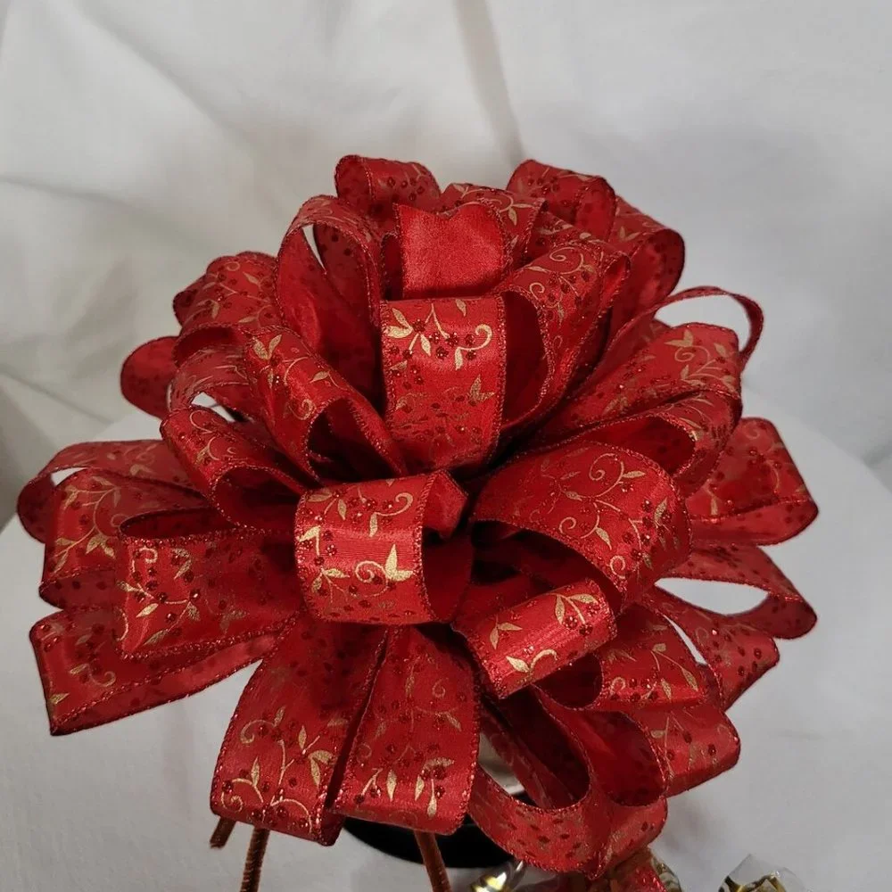 Christmas Tree Bow Topper, Red w/Gold‎ Pattern Bow Tree Topper 44 Loop 10 Inch